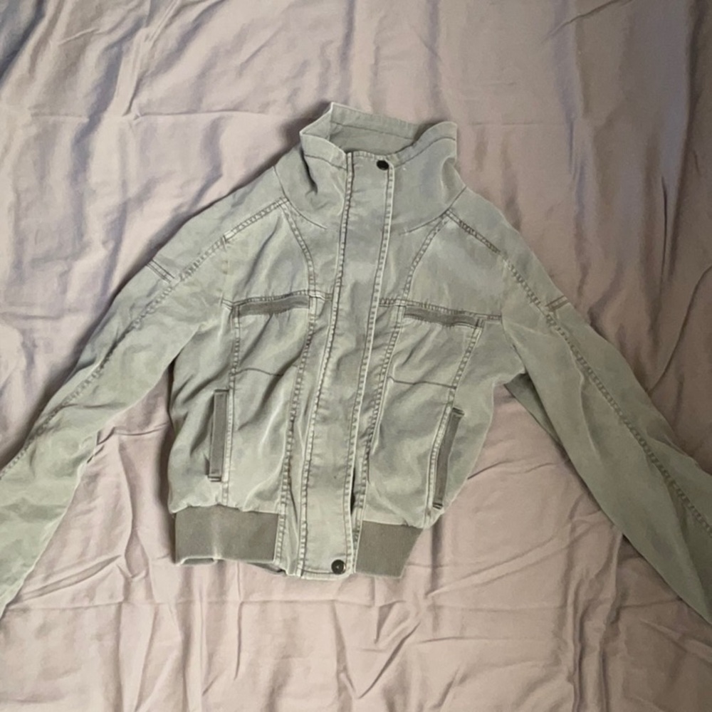 Green Lightweight Bomber Jacket with Ribbed Details